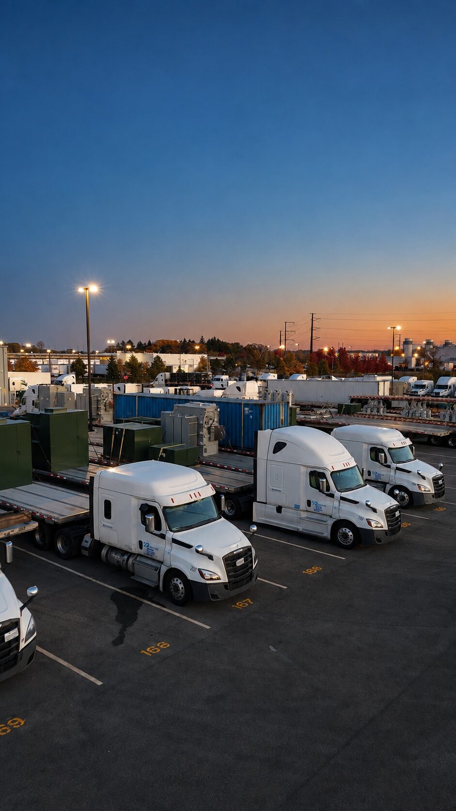 Run Direct trucks parked in the yard at sunset