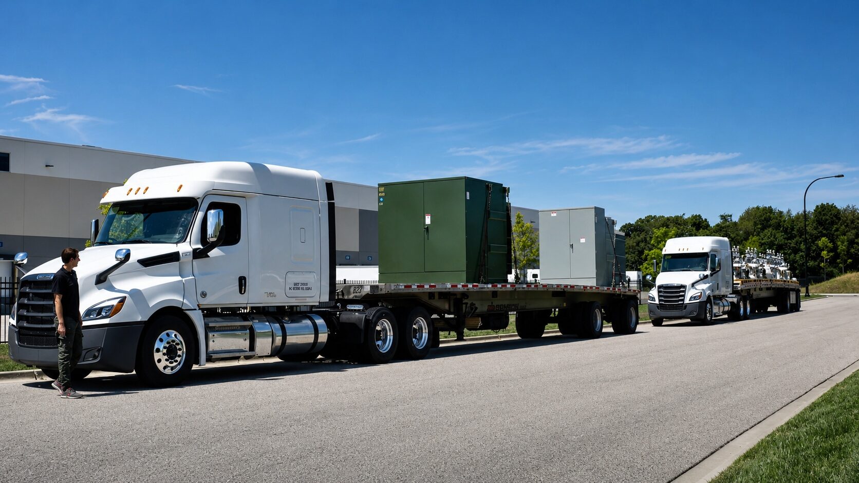 Run Direct driver next to a flatbed trailer loaded with an industrial transformer